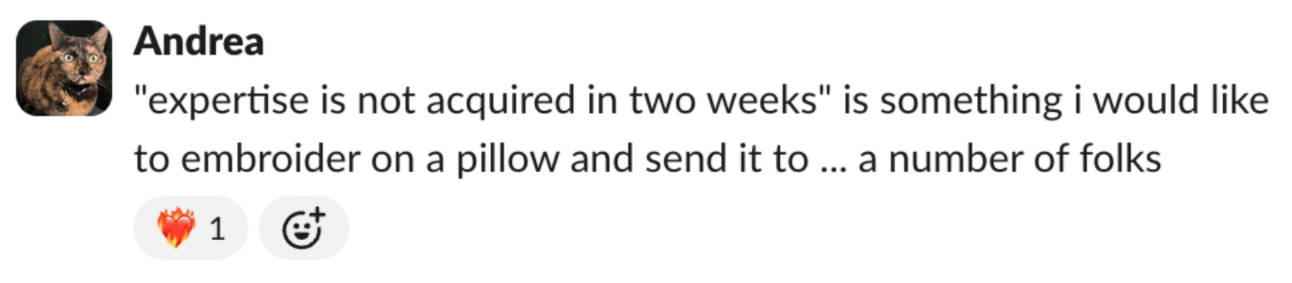 A screencap of a Slack message from Andrea, who says: &quot;&quot;expertise is not acquired in two weeks&quot; is something i would like to embroider on a pillow and send it to ... a number of folks&quot;