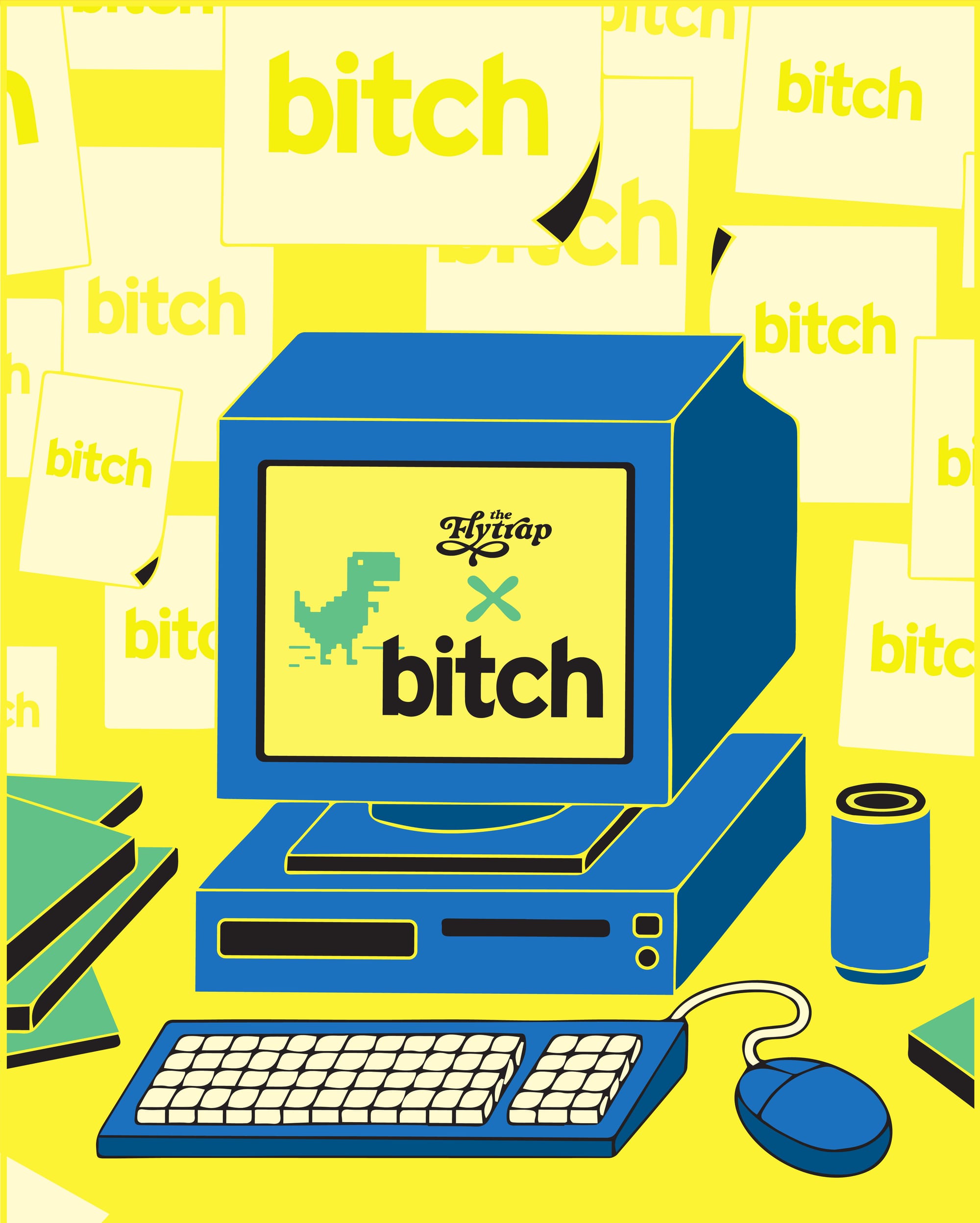 A colorful FlytrapxBitch graphic featuring an old-school desktop computer.