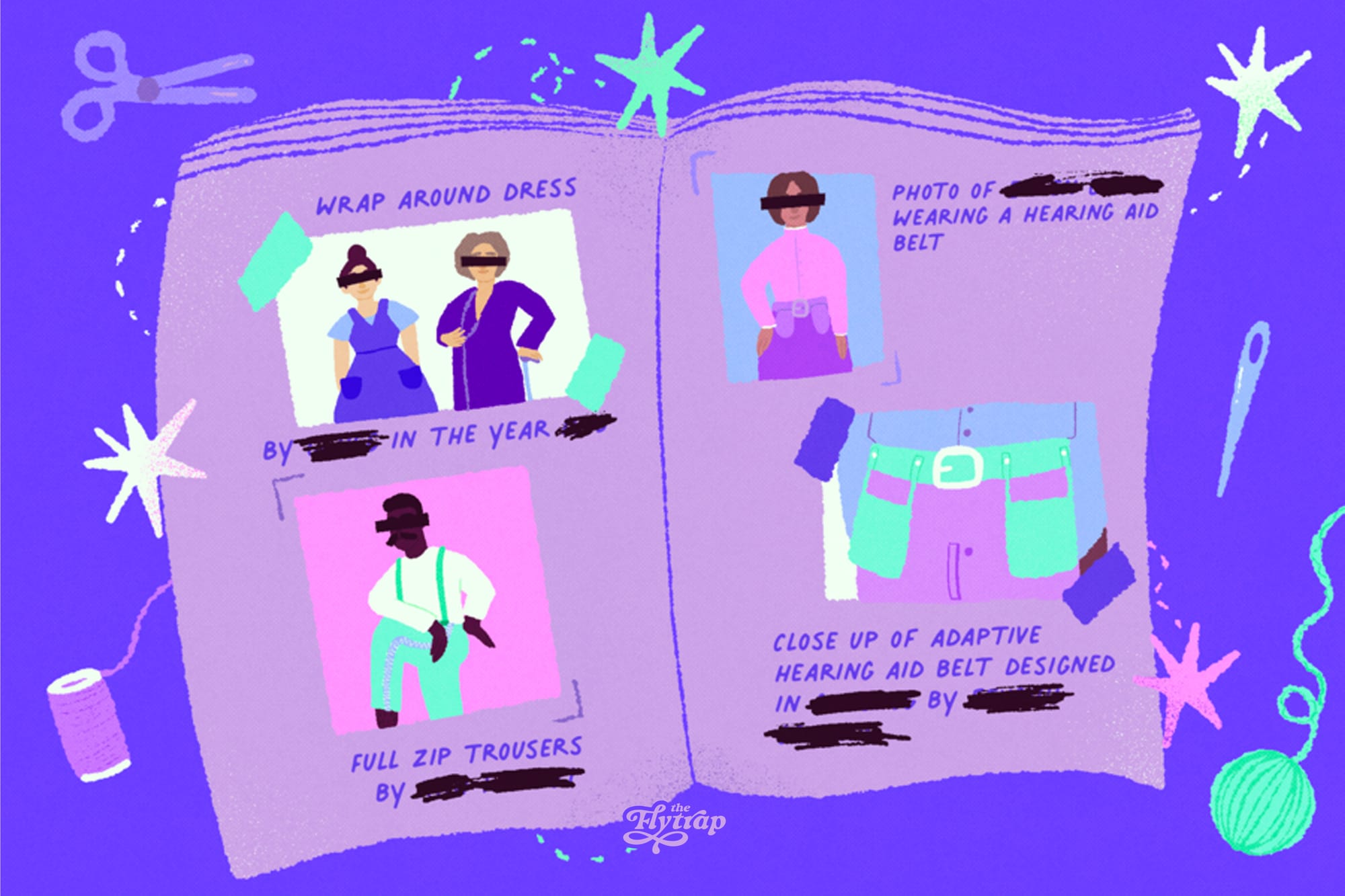 Illustration of a magazine featuring images of adaptive fashion. The names of the people who designed the clothes have been scratched out.