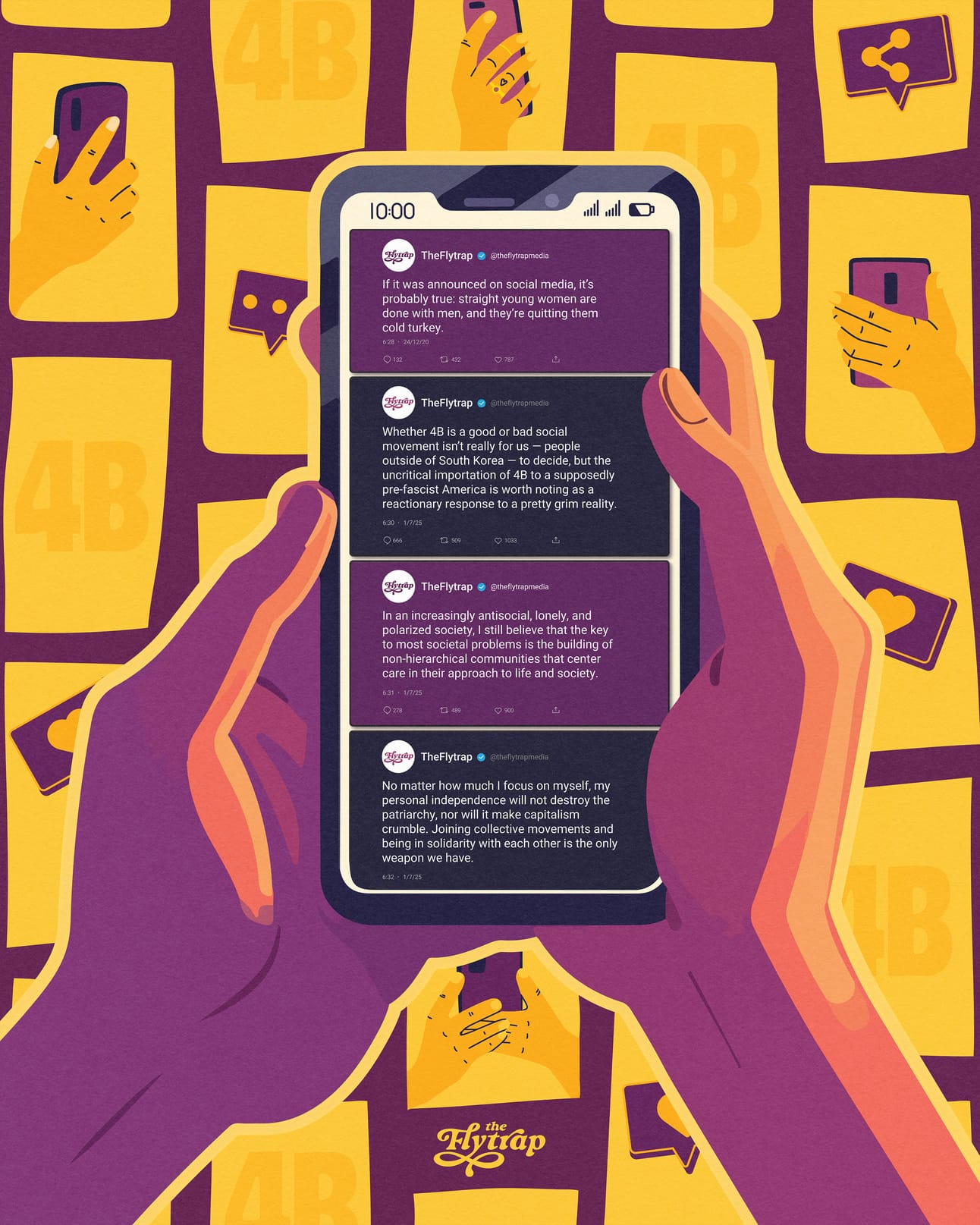 Illustration in purple and yellow: Hands hold up a phone with a series of skeets about the 4B movement.