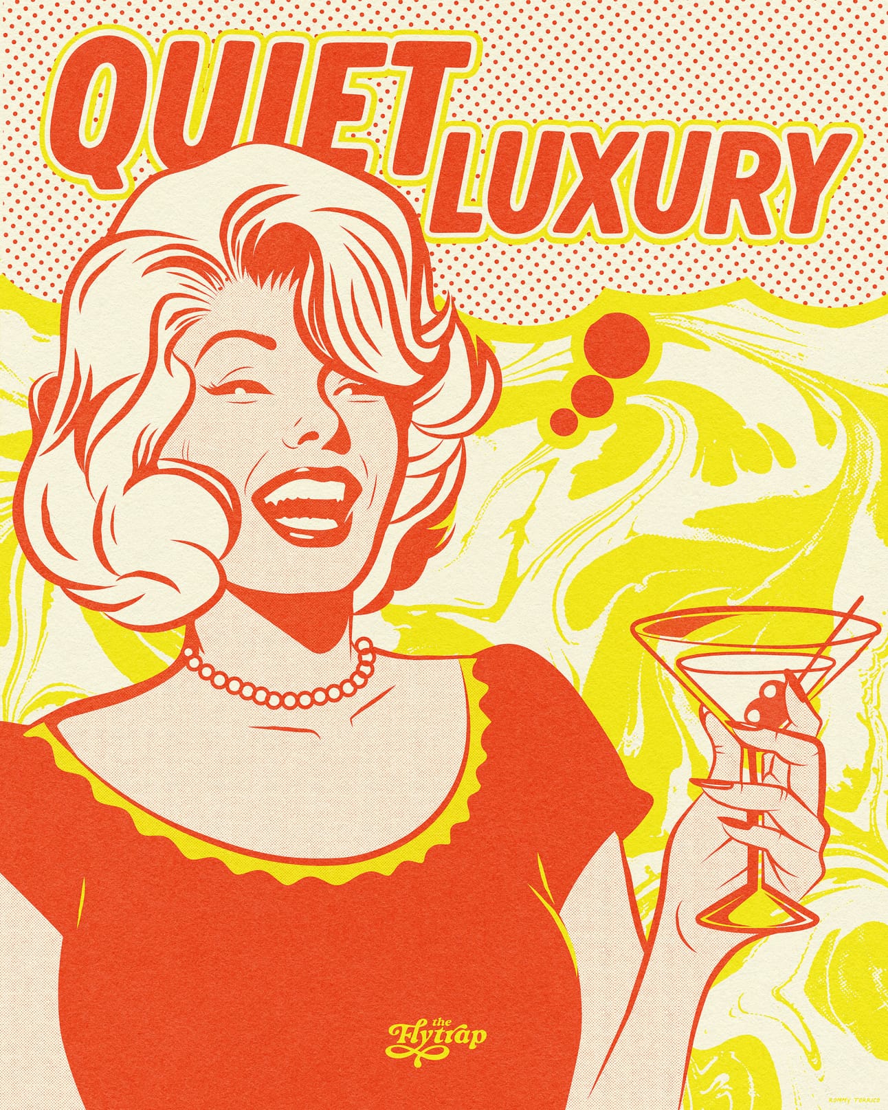 Illustration in orange and yellow: A busty housewife in pearls holds up a martini.