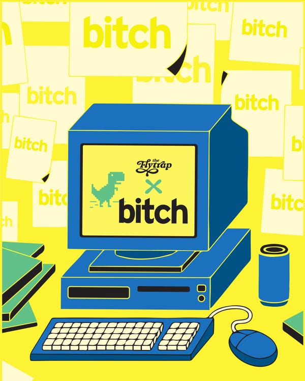 A colorful FlytrapxBitch graphic featuring an old-school desktop computer.