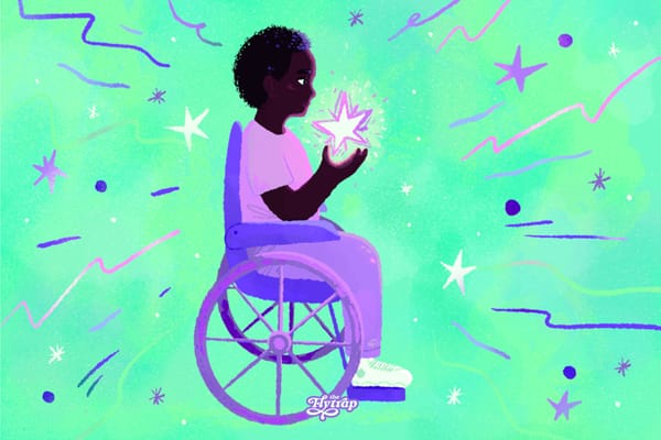 Illustration in hues of purple and green: A Black girl with natural hair sitting in a wheelchair, holding up a sparkling star.