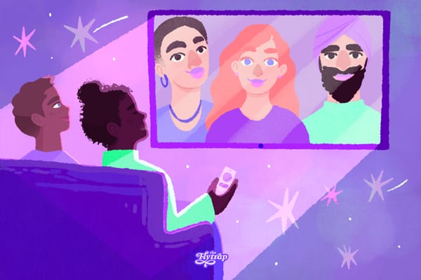 Two dark-skinned people looking at a screen with three characters. One is a Sikh man, the other is a light-skinned redhead, and the third has close-cropped textured hair and big earrings. 