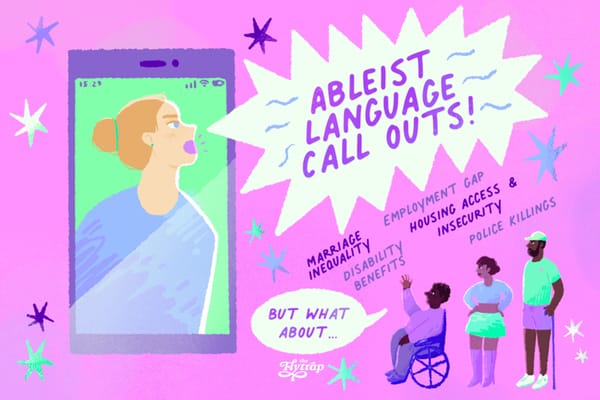 Disabled people saying "but what about..." and listing social issues such as marriage inequality and police killings while a blonde white woman screams at them from inside a phone.